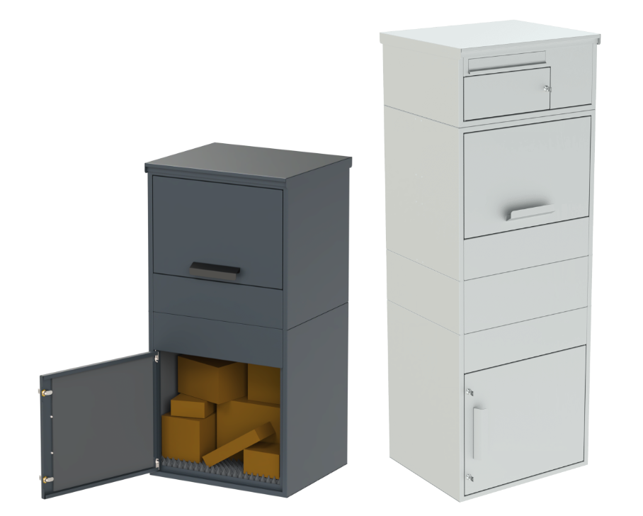 Paketbox mit Postkasten und Zwischenteil in Modulbauweise. Ausführung in Alu, mit Schloss.